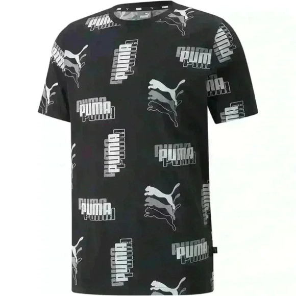 PUMA Power AOP Tee Mens Short Sleeve All Over Logo Print Black White L - Picture 1 of 11
